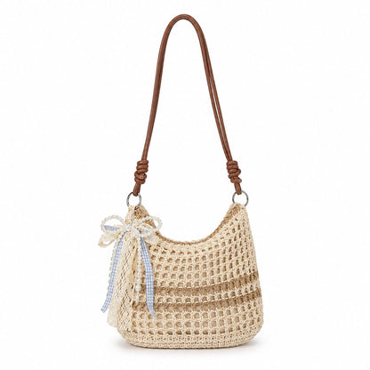 Decorative Woven Crossbody Bag with Pearl Charm, Scarf Accent and Zip Closure
