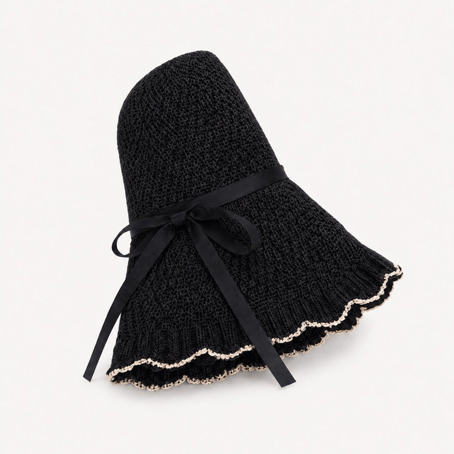 Woven Bucket Hat with Scalloped Brim Ribbon Band and Bow Tie Accent