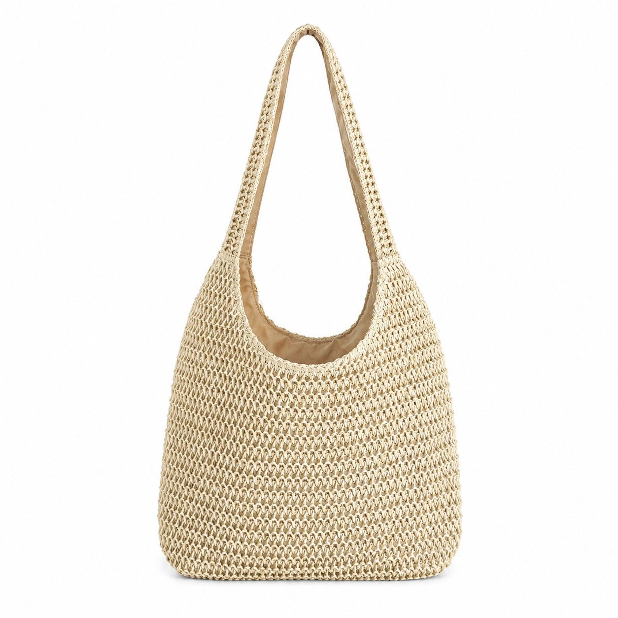 Woven Straw Tote Bag Large Capacity Zip Top Shoulder Carryall with Interior Pocket