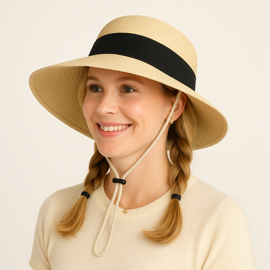 Women's Woven Floppy Sun Hat with Wide Ribbon Knot Detail and Curved Brim