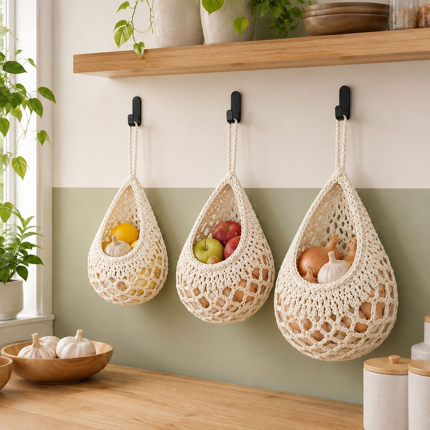 3pc Crochet Hanging Storage Basket Set Small Medium Large Wall Organizer Bins