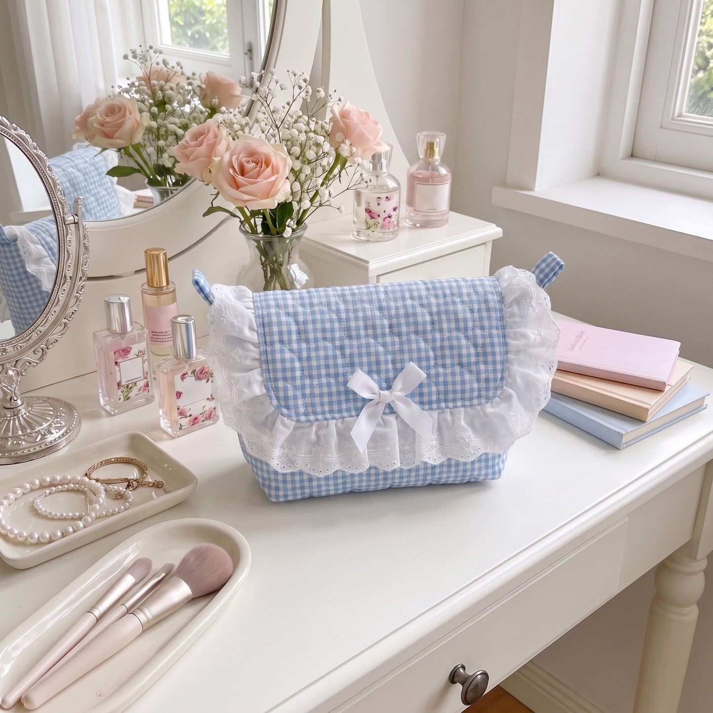 Womens Quilted Gingham Makeup Bag with Shoulder Strap Lace Ruffle Bow