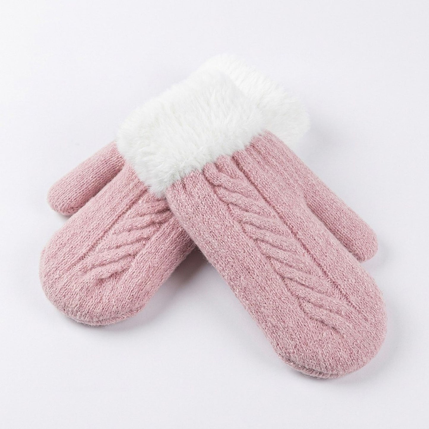 Cable Knit Winter Mittens with Soft Fuzzy Cuffs
