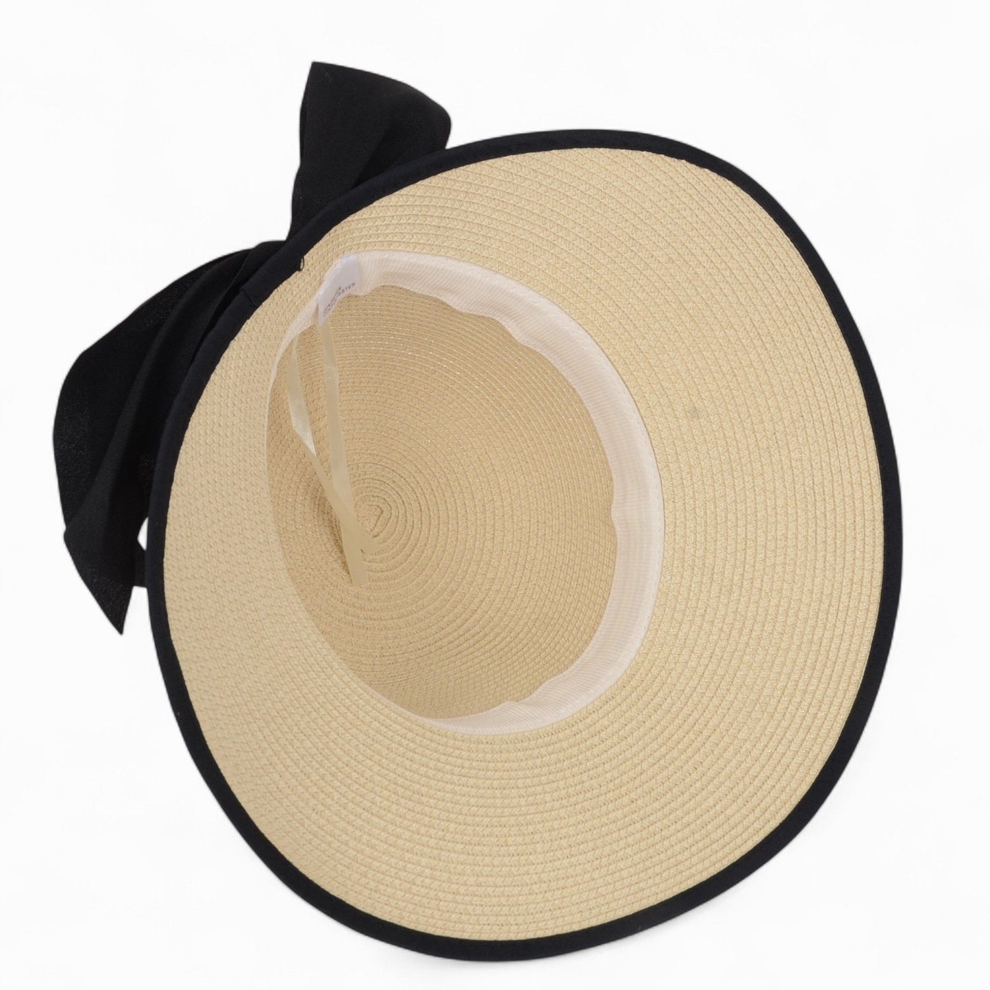 Women's Wide Brim Straw Hat with Braided Band and Contrast Bow Detail