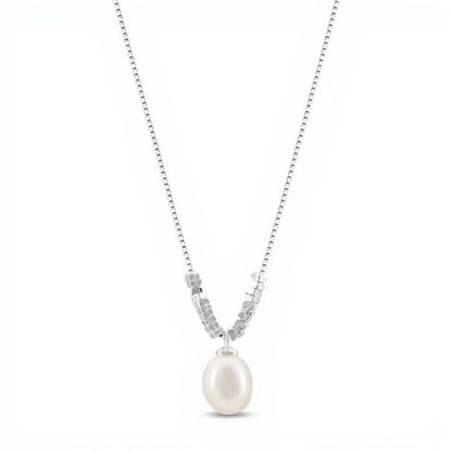 Women's Elegant Drop Pendant Necklace with Simulated Pearl and Polished Bead Chain