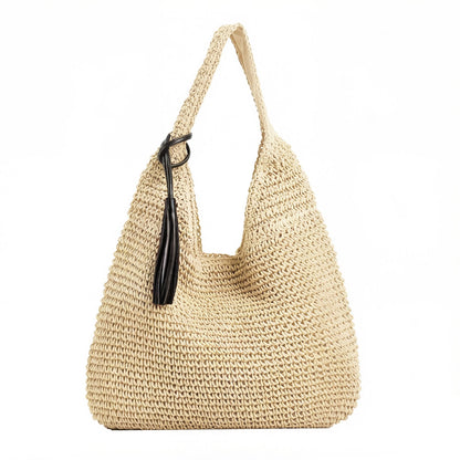 Woven Hobo Shoulder Bag with Magnetic Snap Closure and Tassel Accent