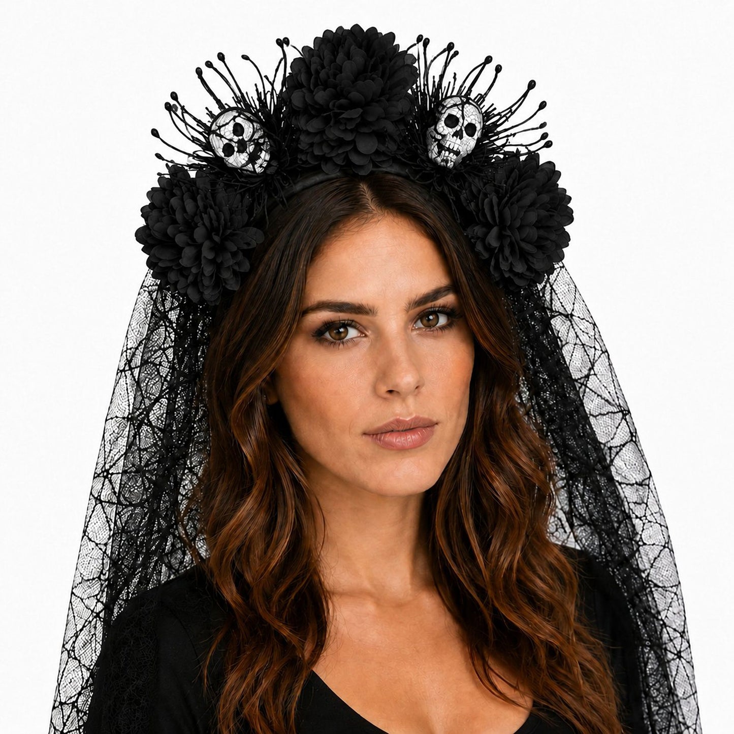Halloween Floral Skull Headband with Spiderweb Lace Veil