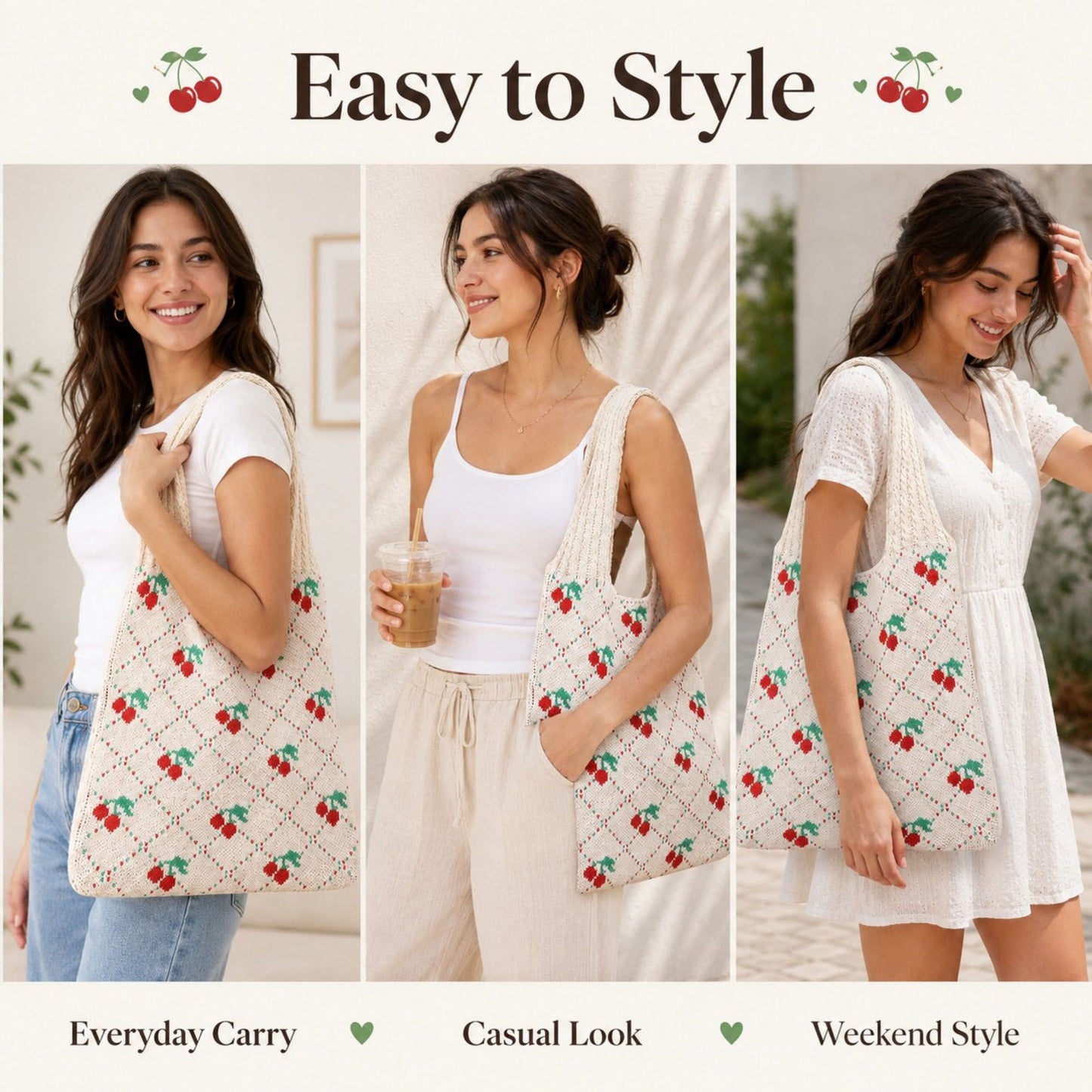 Cherry Knit Tote Bag Crochet Shoulder Purse Large Summer Beach Carryall