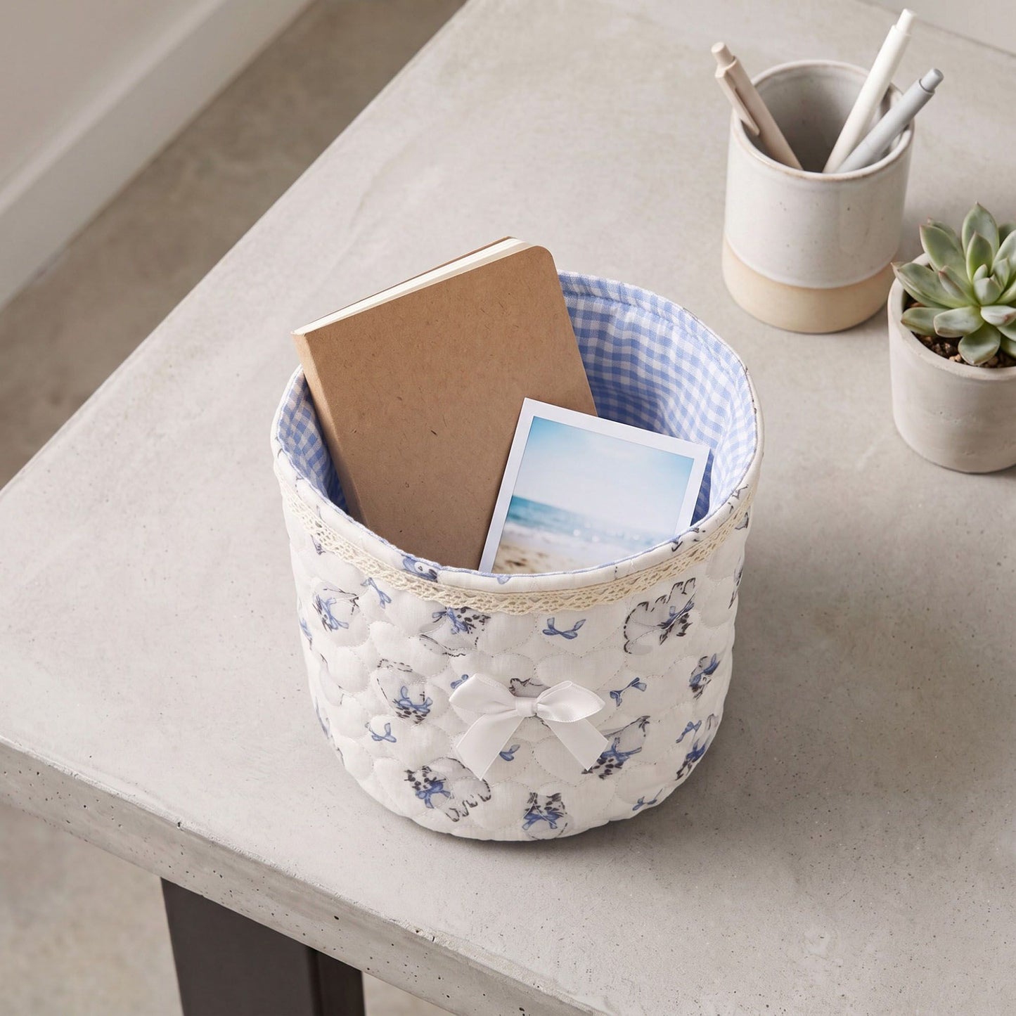 Quilted Fabric Storage Basket with Lace Trim and Bow