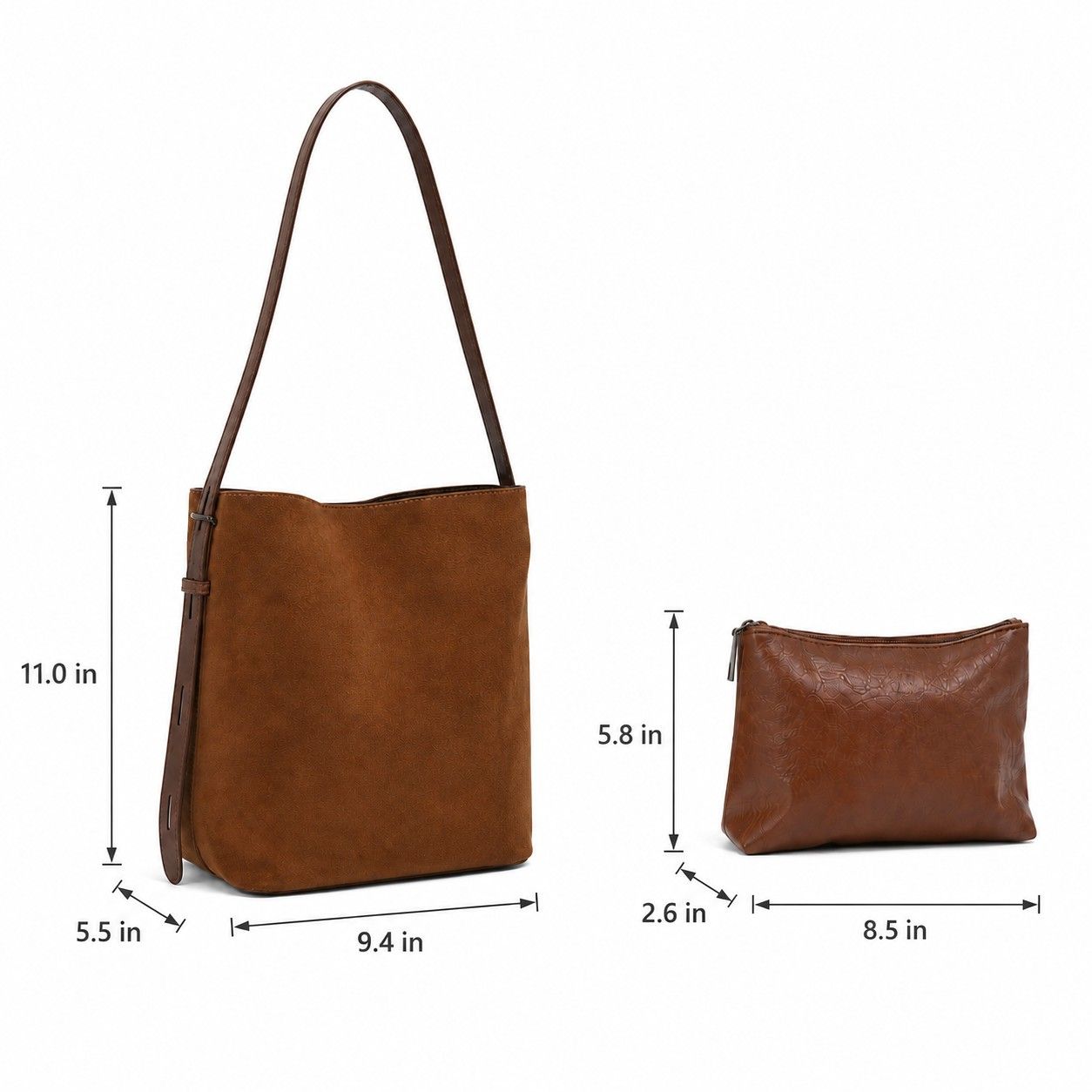 Faux Suede Shoulder Tote Bag with Removable Zip Pouch Adjustable Strap and Magnetic Closure