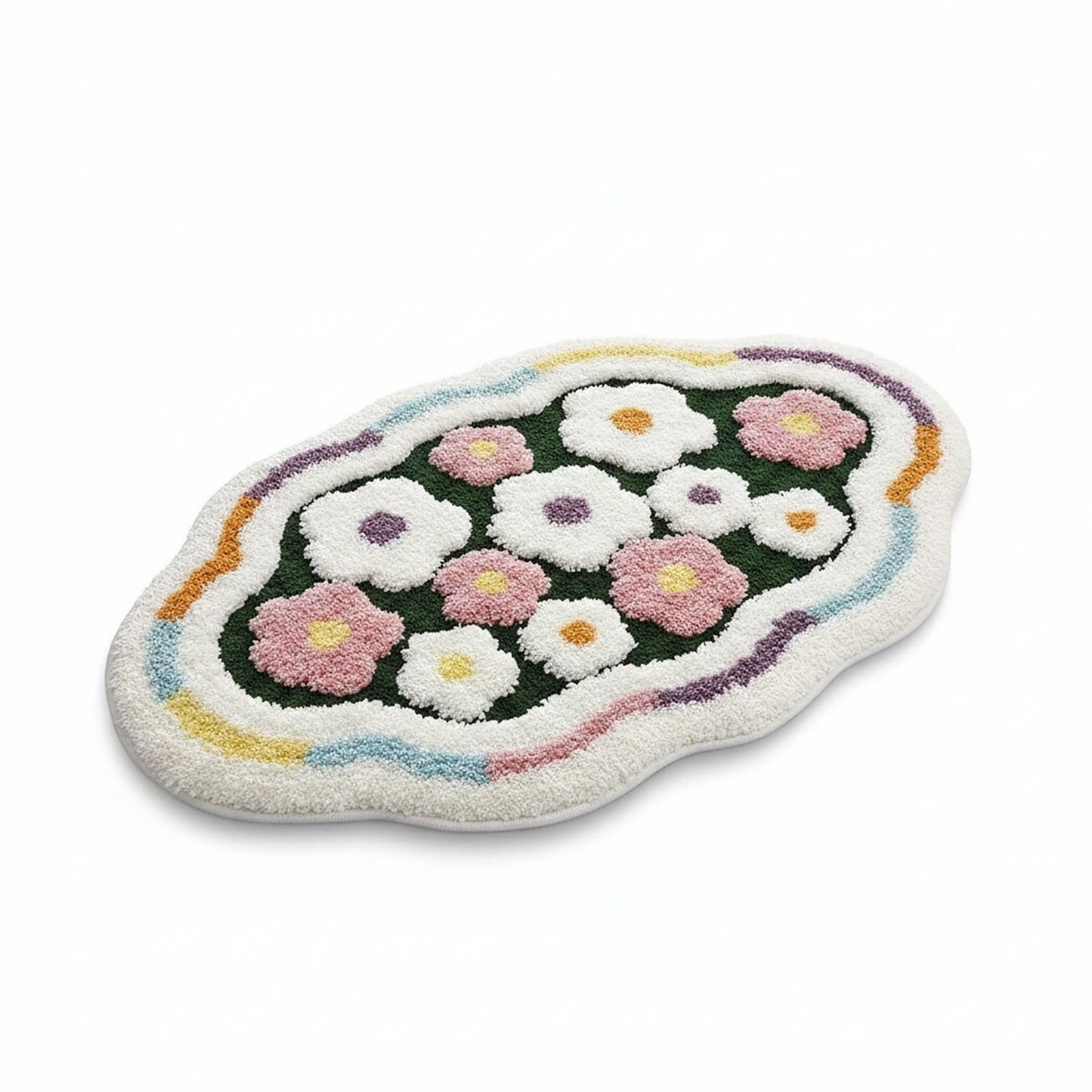 Tufted Floor Mat with Happy Text and Floral Pattern Non Slip Backing Soft Plush Decorative Scalloped Edge Indoor Rug