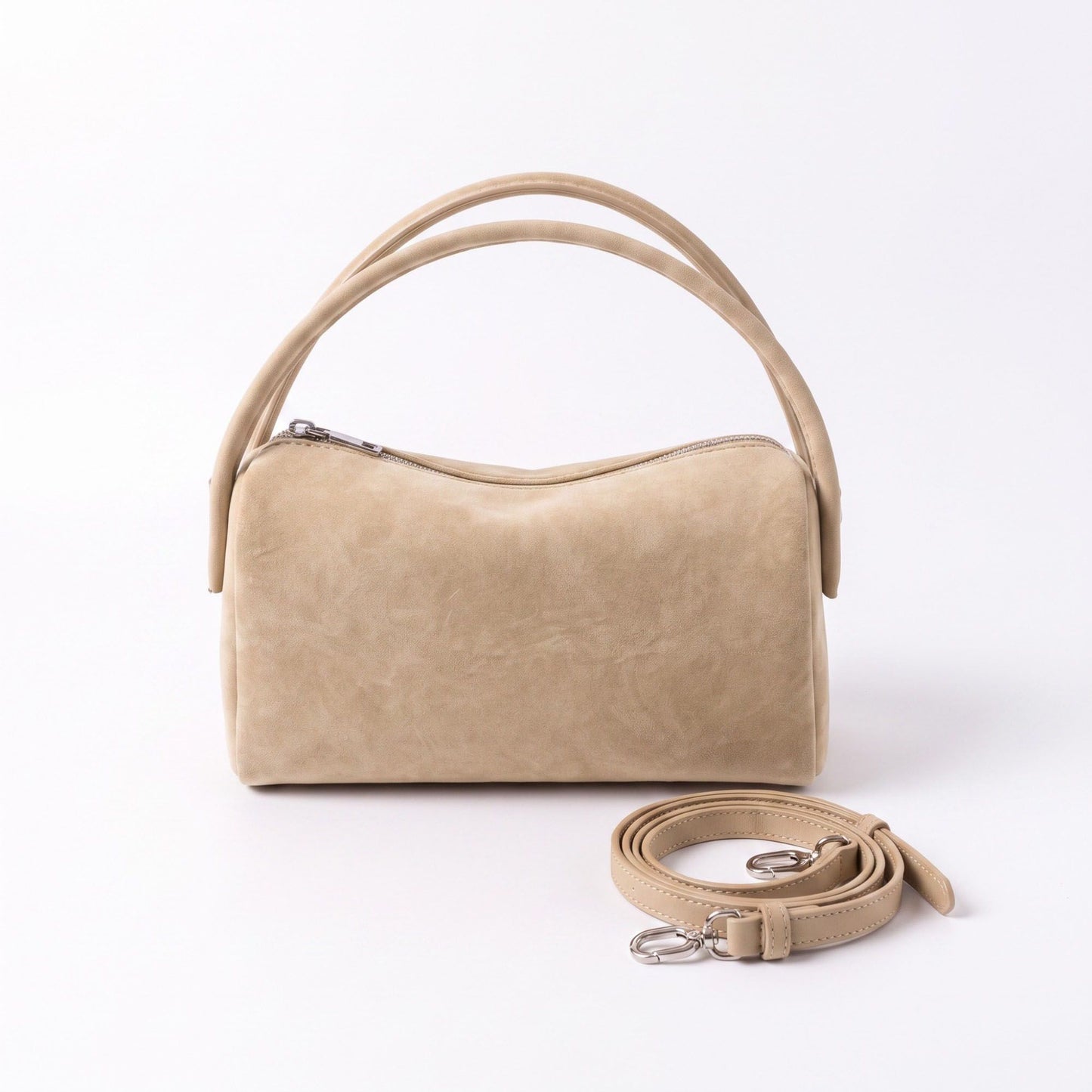 Faux Suede Satchel Bag with Detachable Crossbody Strap Beige