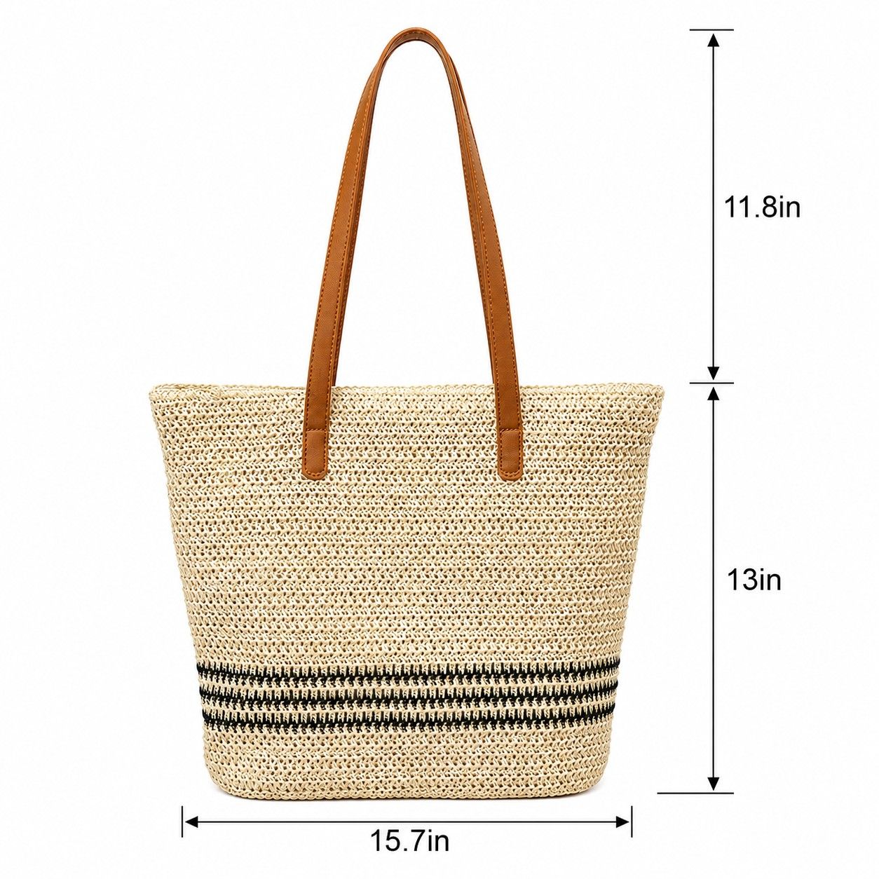 Striped Woven Tote Bag with Zip Closure Shoulder Handles and Interior Pocket