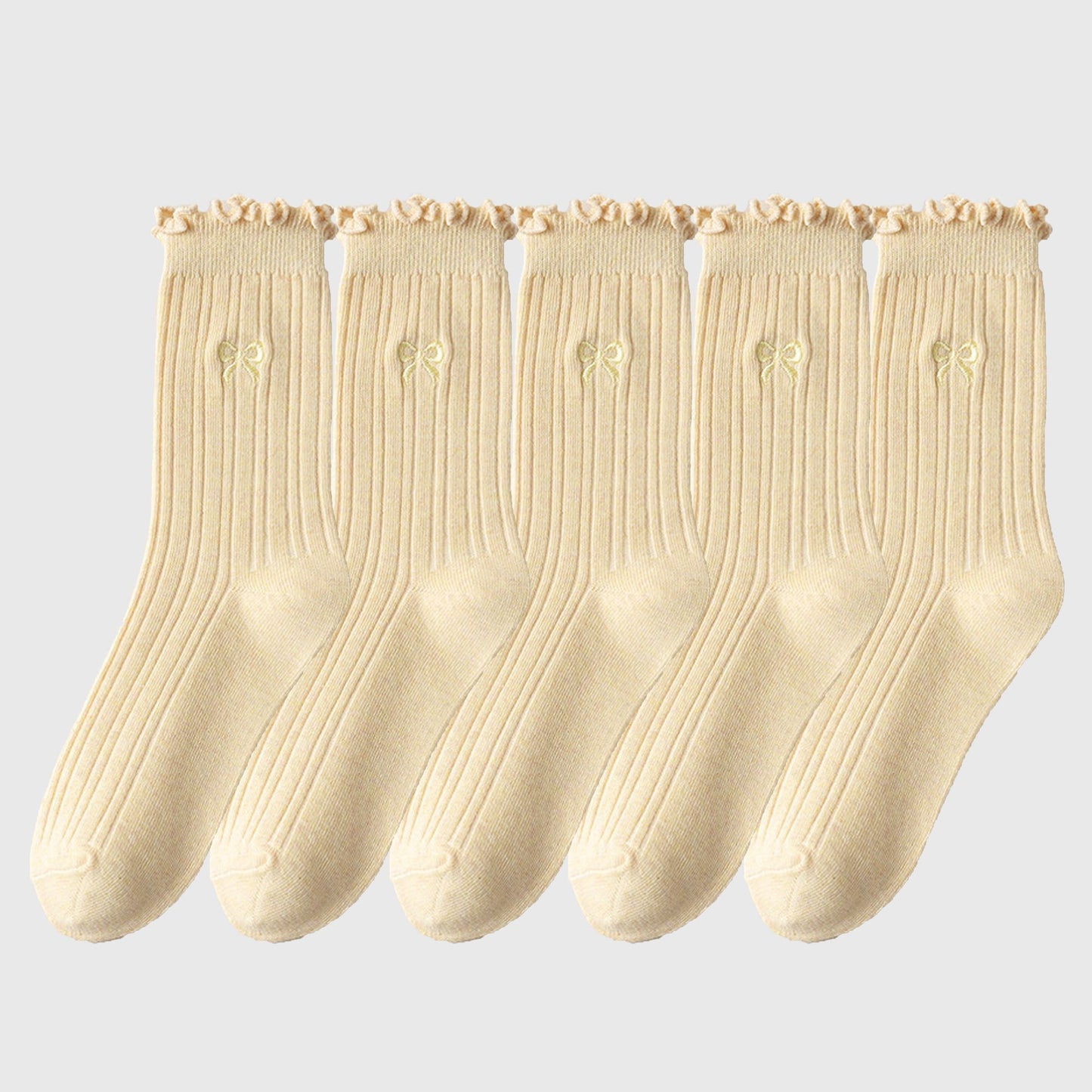 Summer Ribbed Ankle Socks with Bow Embroidery Casual 5Pk