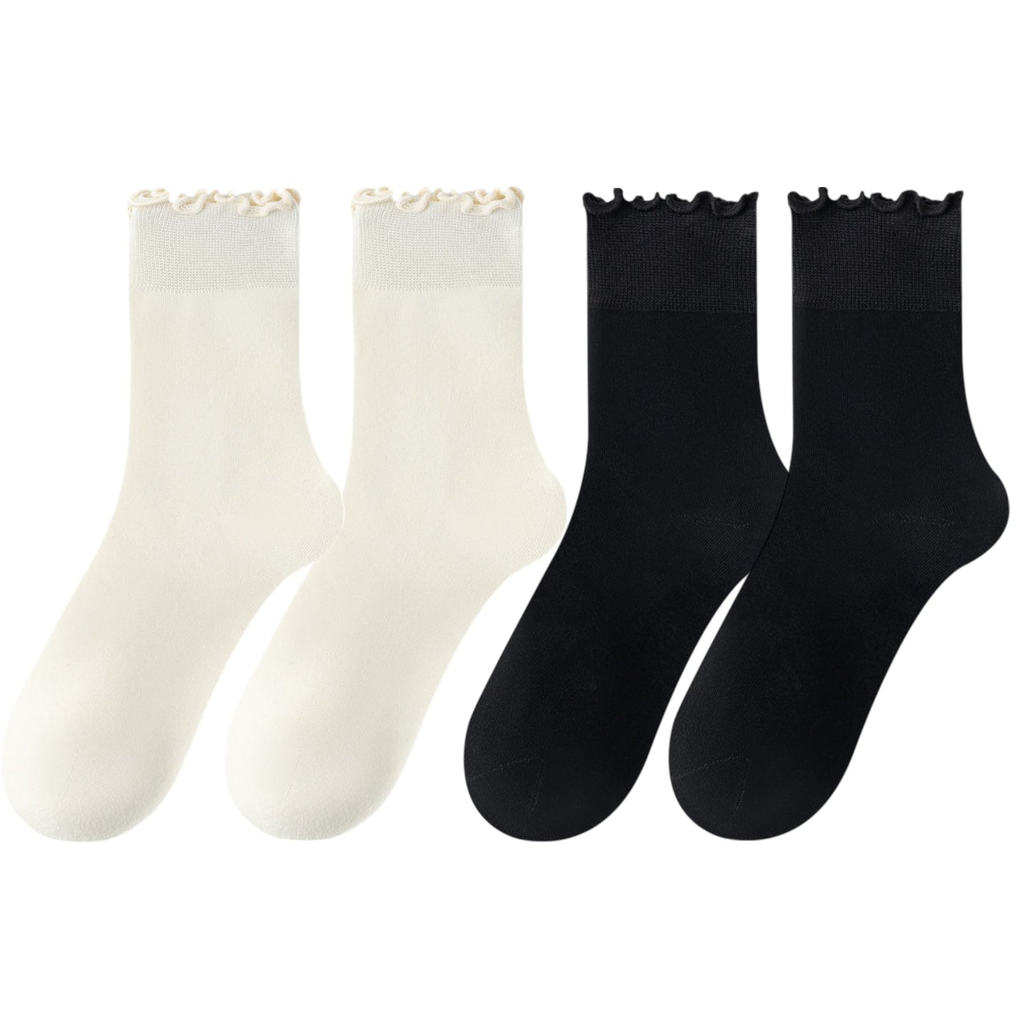 4 Pairs Women's Ruffle Edge Crew Socks Soft Stretch Cotton Blend with High Elastic Cuffs in Assorted Solid Colors