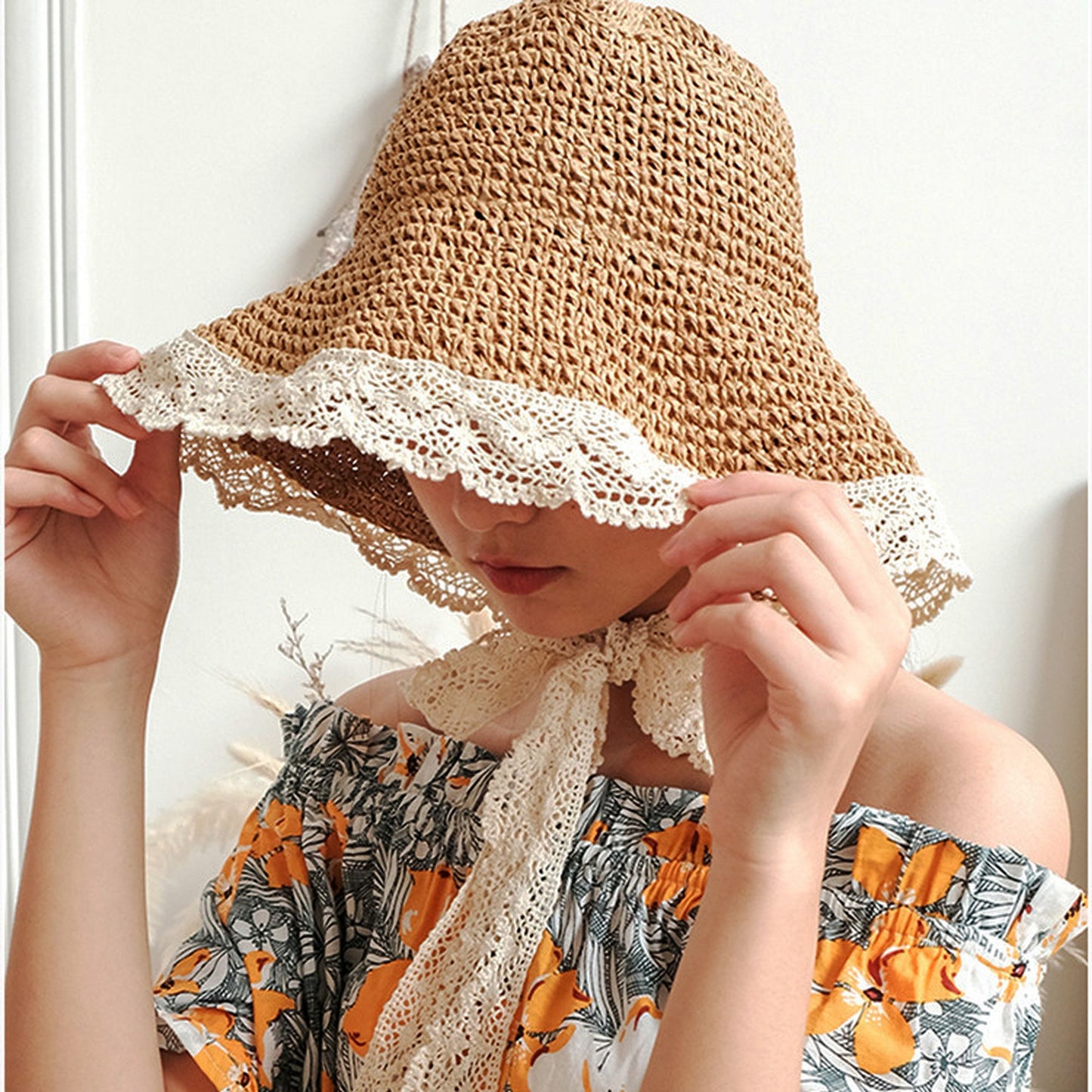 Women's Crochet Straw Hat with Lace Trim and Bow Detail