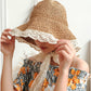 Women's Crochet Straw Hat with Lace Trim and Bow Detail