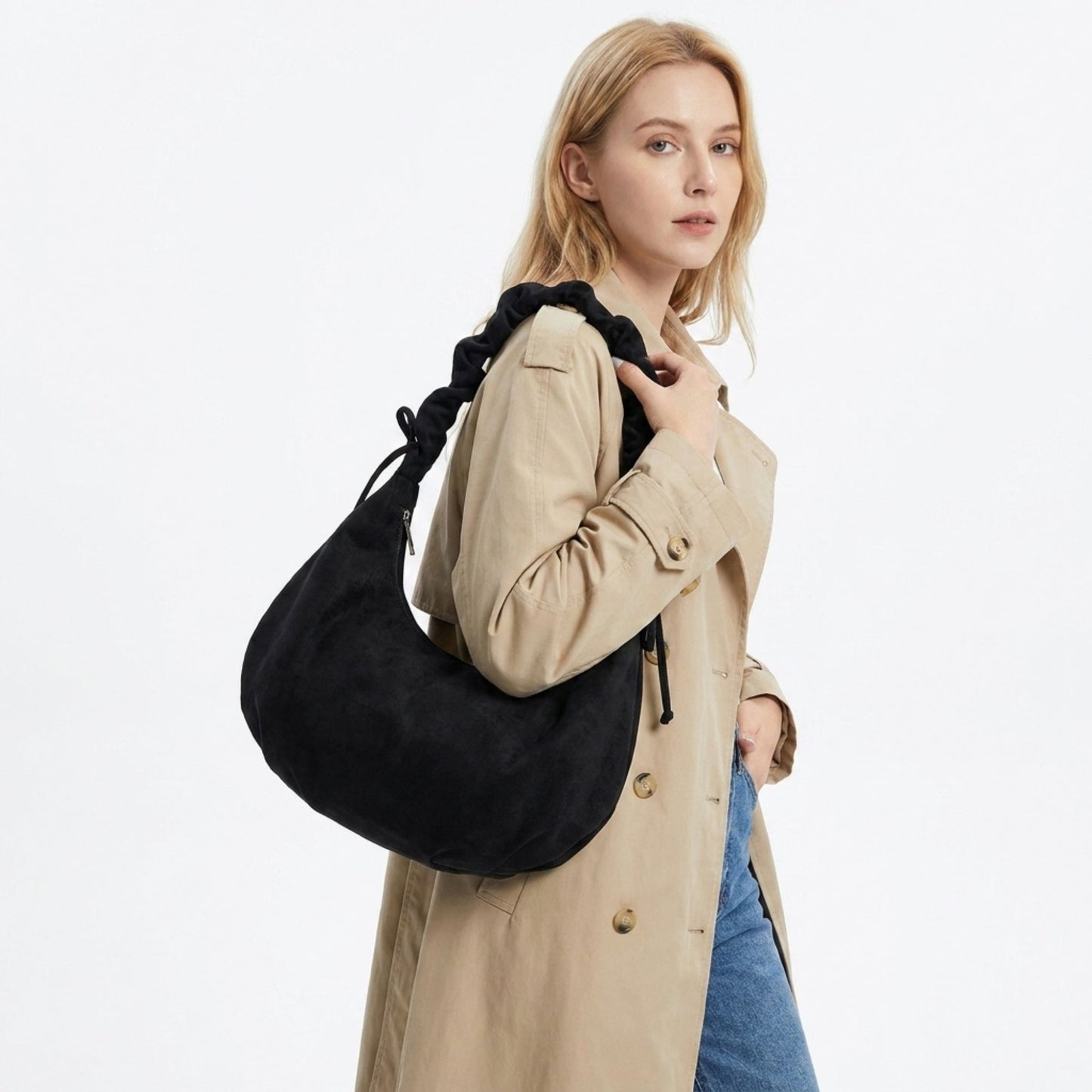 Faux Suede Hobo Shoulder Bag Ruched Strap Zipper Closure Everyday Purse
