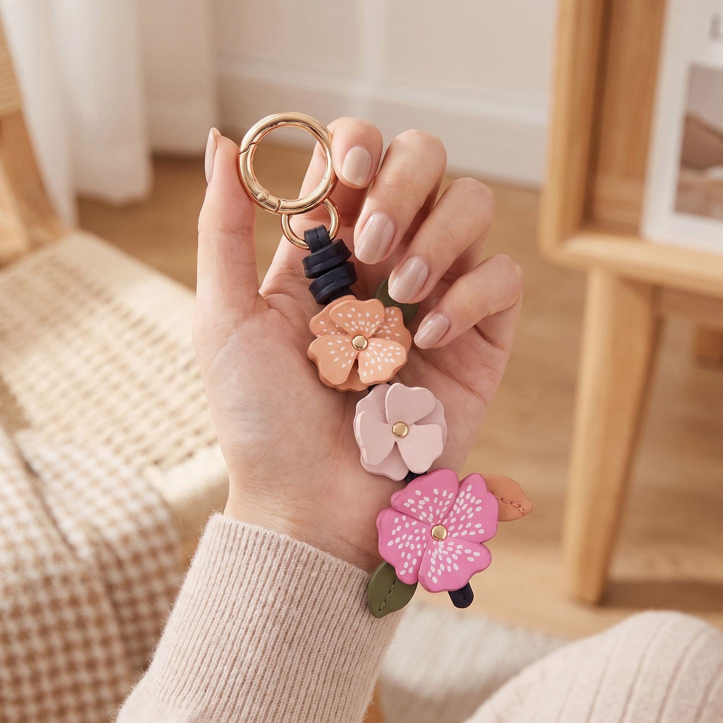 Floral Bag Charm with Three Dimensional Flowers and Key Ring