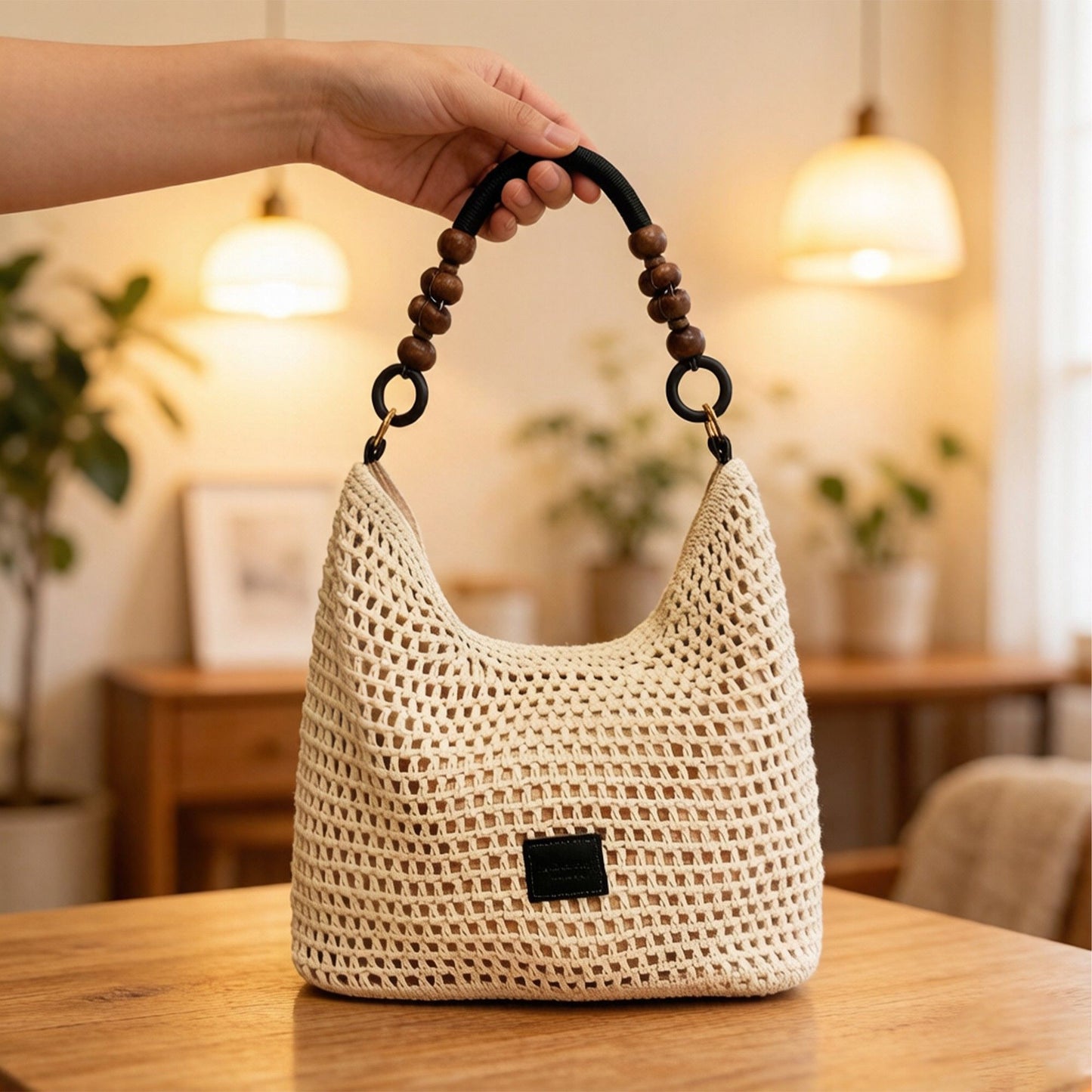 Crochet Hobo Shoulder Bag Wooden Bead Handle Open Weave Knit Handbag Slouchy Summer Carryall Lightweight Tote