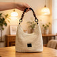 Crochet Hobo Shoulder Bag Wooden Bead Handle Open Weave Knit Handbag Slouchy Summer Carryall Lightweight Tote