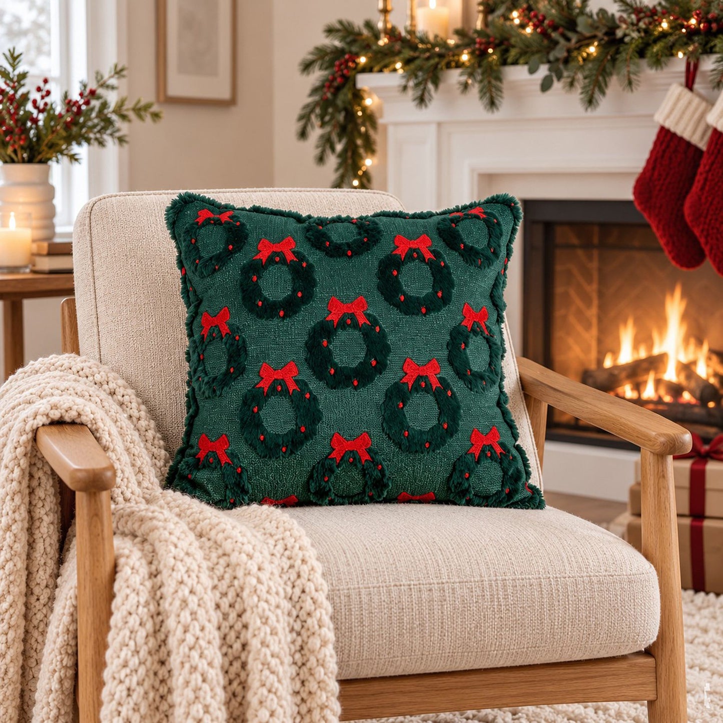 Christmas Wreath Bow Tufted Decorative Throw Pillow Cover