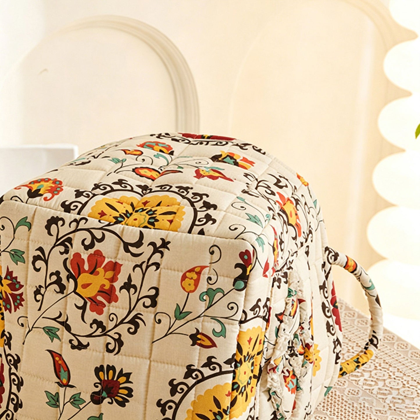 Fabric Storage Basket Quilted Cotton Organizer Bin with Floral Print Decorative Storage