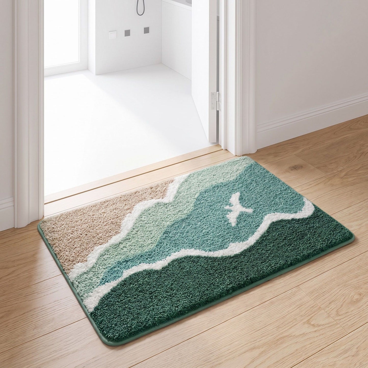 Coastal Ocean Wave Plush Bathroom Mat with Life Preserver and Seashell Design