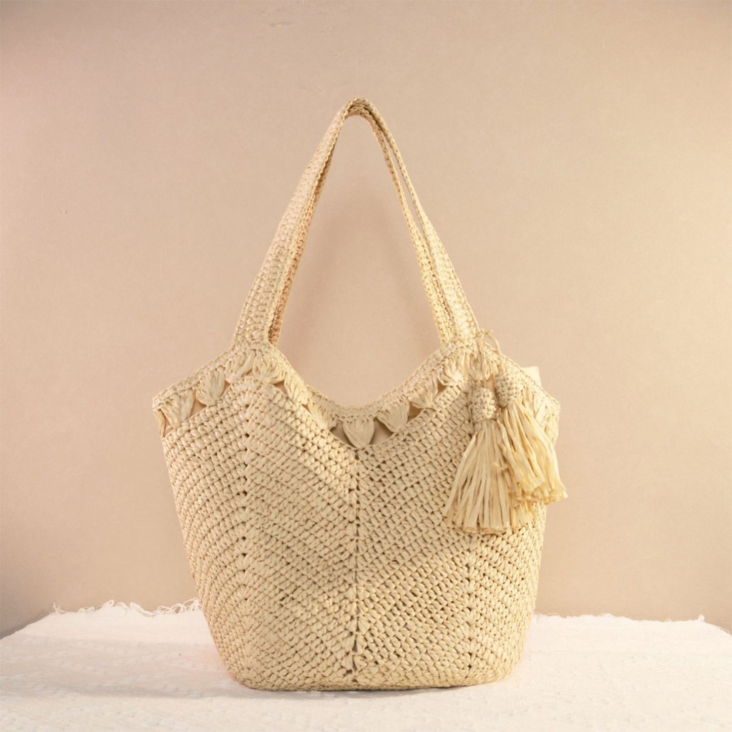 Tassel Straw Tote Bag with Zipper Closure for Beach and Travel