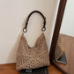 Woven Straw Hobo Bag with Wooden Handle Bead Accents and Spacious Interior