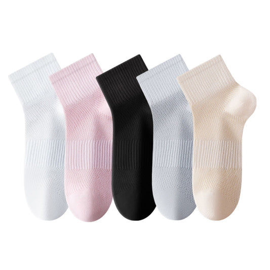 Womens Lightweight Breathable Ankle Socks 5-Pack Cushioned Sole Mesh Texture Soft Stretch Comfort Fit