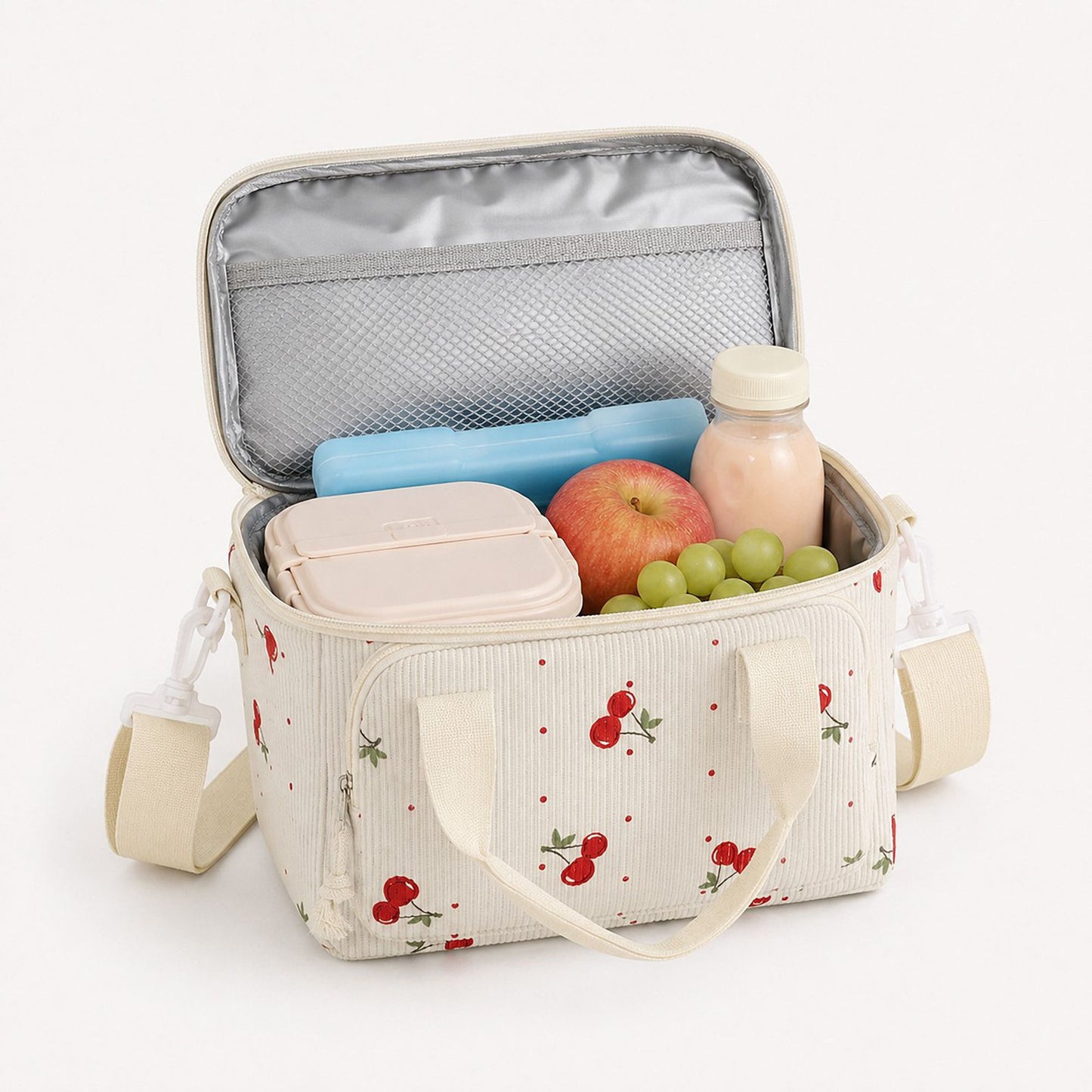 Printed Corduroy Lunch Bag with Adjustable Shoulder Strap