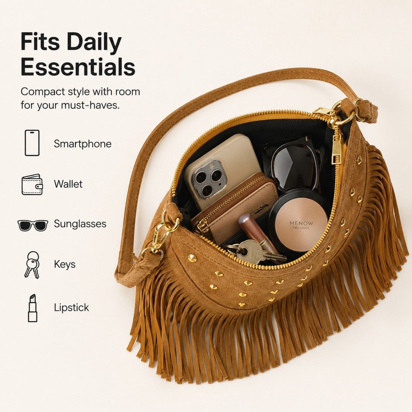 Studded Fringe Crossbody Bag Suede Look Crescent Shoulder Purse with Adjustable Strap