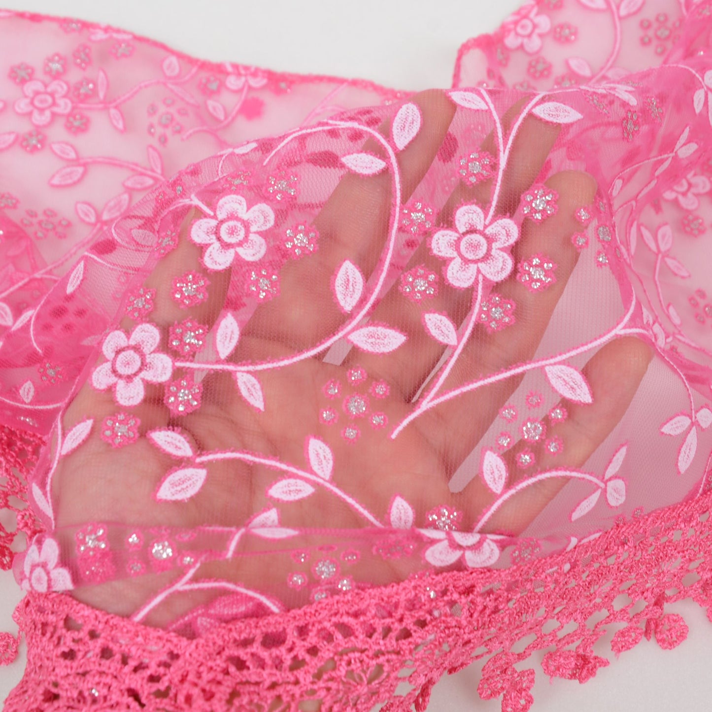 Lightweight Lace Floral Head Scarf Fringe Triangular Shawl