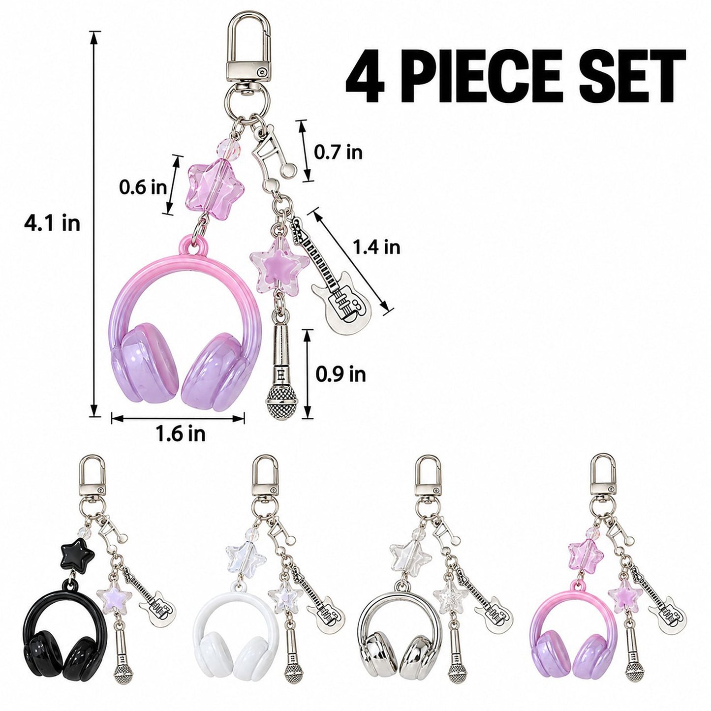 Music Theme Headphones Guitar Microphone Keychain Set
