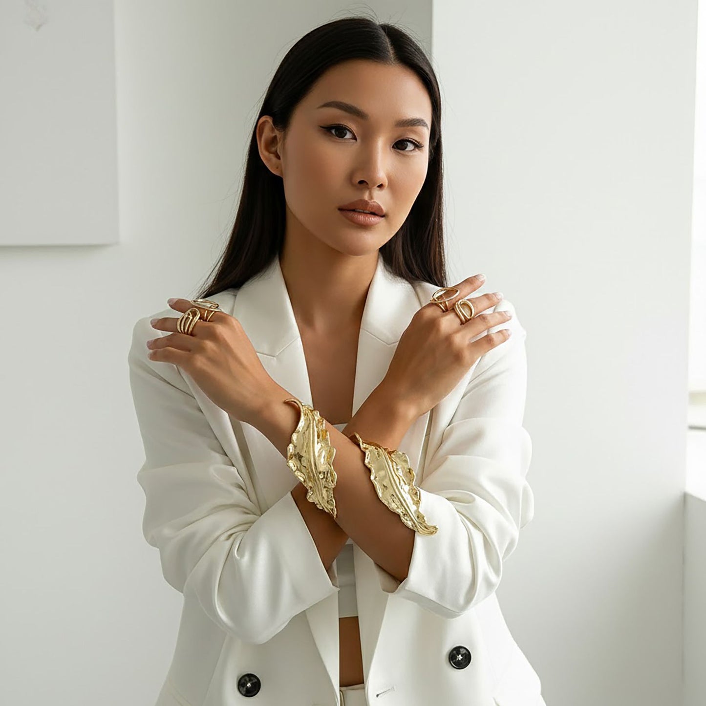 Women's Sculptural Open Cuff Bracelet with Organic Leaf Inspired Design and Polished Gold Tone Finish