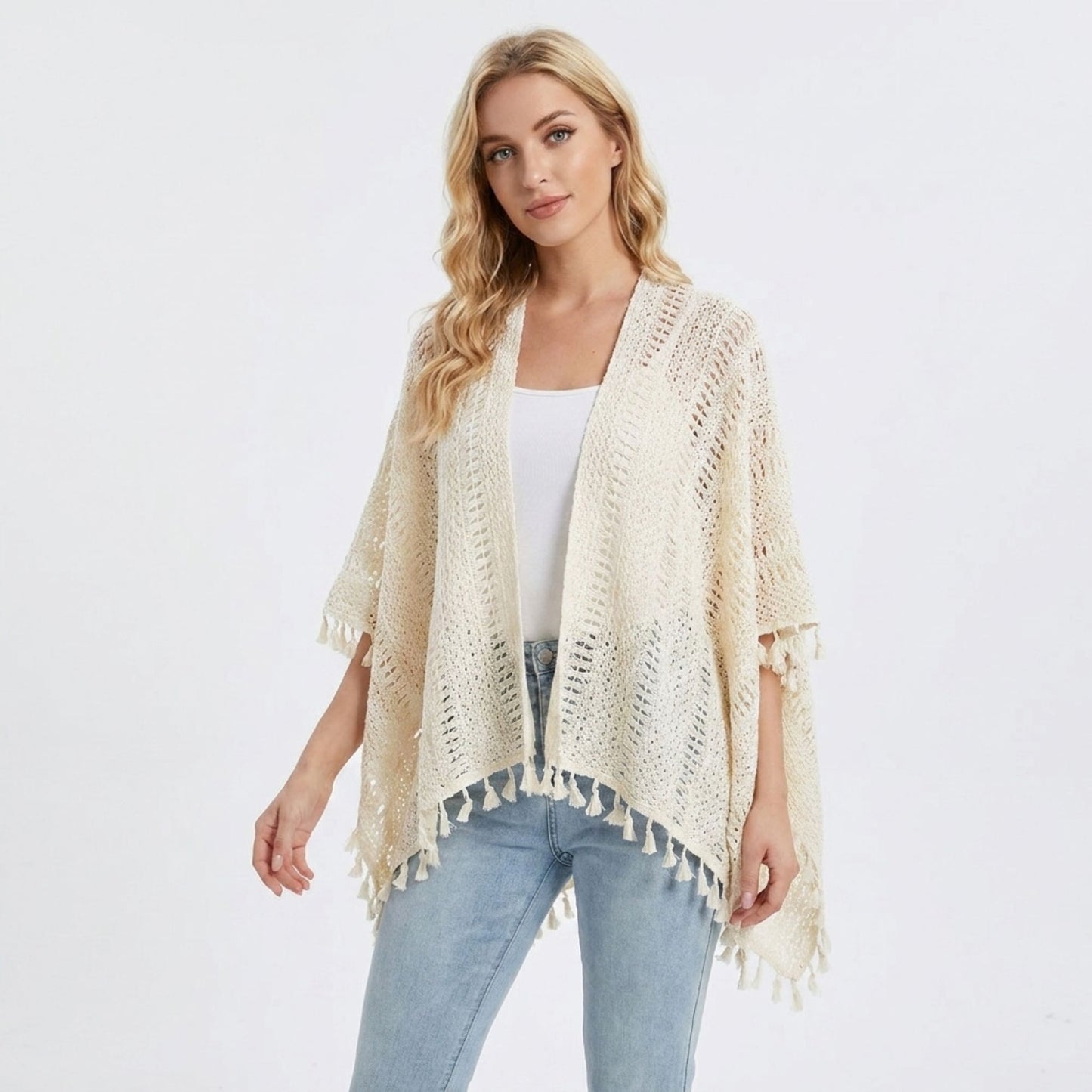 Open Knit Kimono Cover Up with Tassel Trim