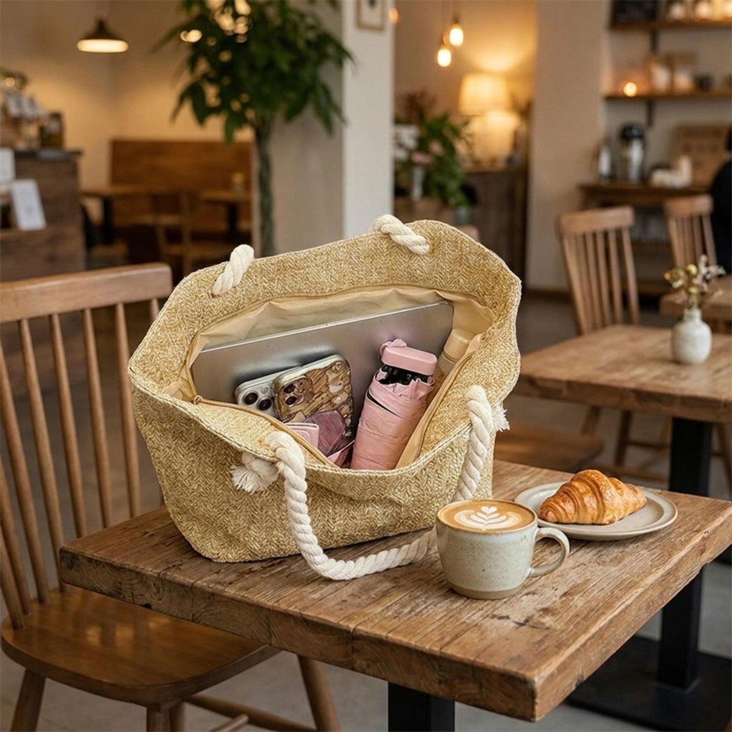 Woven Look Tote Bag with Rope Handles and Zipper Closure