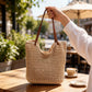 Woven Crochet Tote Bag with Double Strap Lightweight Knit Shoulder Bag Large Capacity Handbag