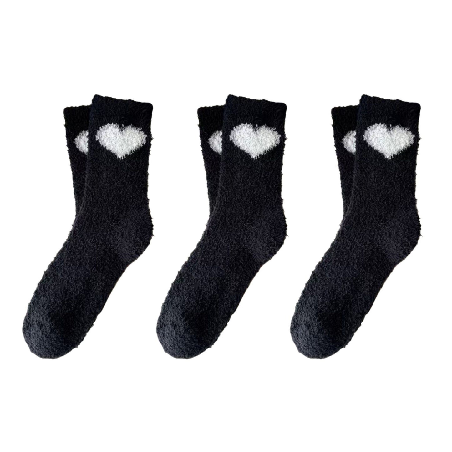 3-Pair Fuzzy Valentine Heart Knit Crew Socks Set with Soft Plush Texture, Stretchy Cozy Fabric, and Cute Heart Accent for Gifting