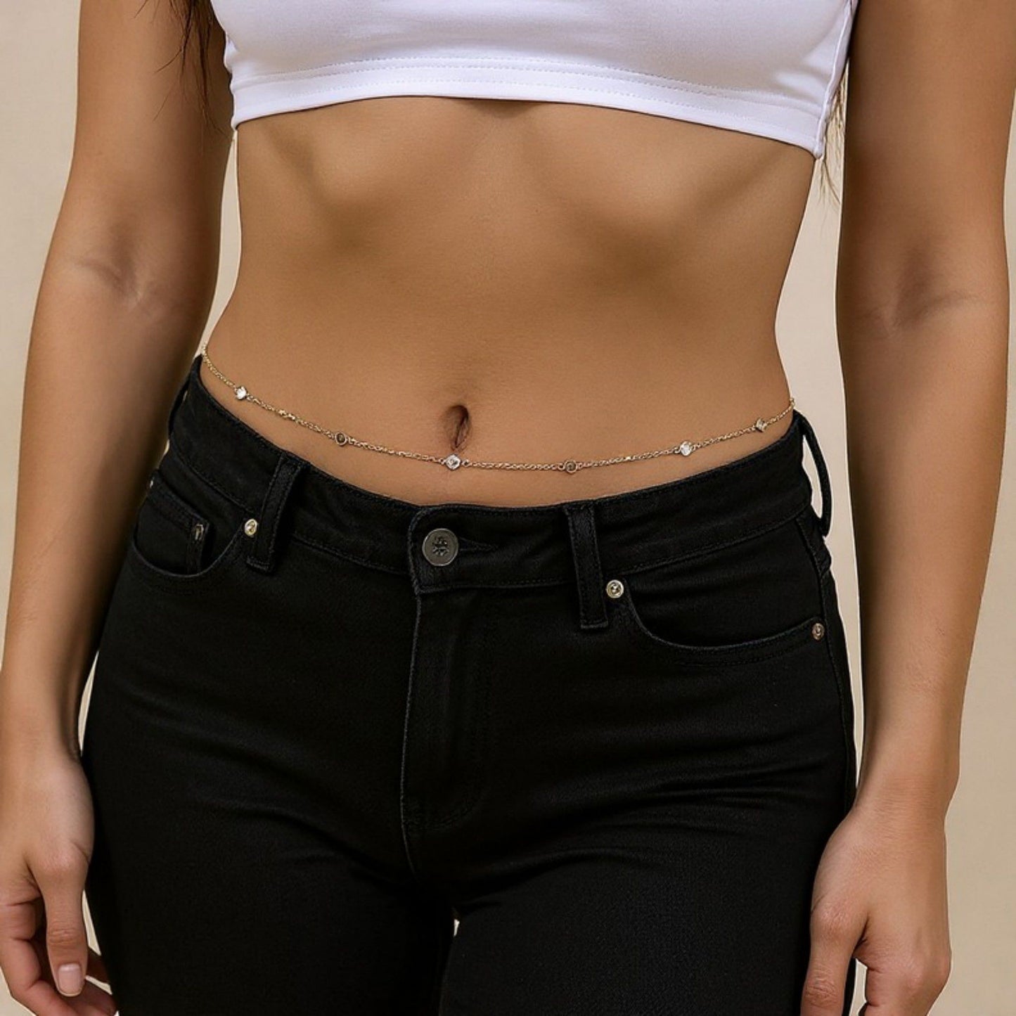 Delicate Rhinestone Waist Chain with Minimalist Thin Link Design and Adjustable Closure 45.5in
