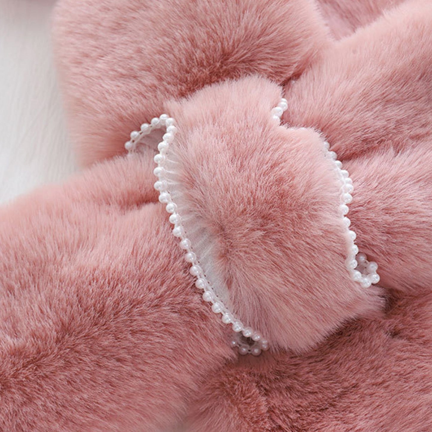 Plush Faux Fur Scarf Soft Slip Through Neck Warmer with Pearl Look Bead Trim 31.5*4.7 Inches