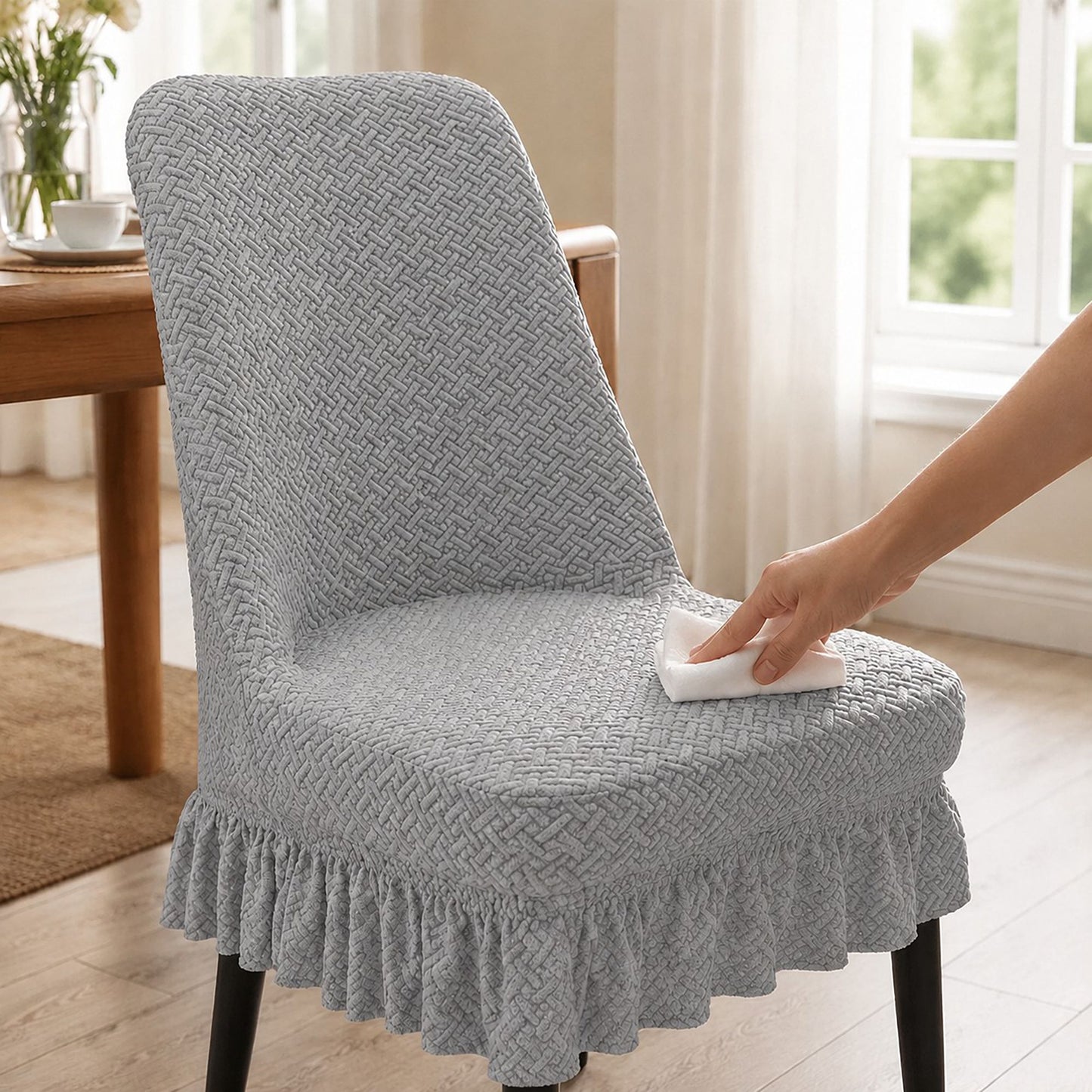 Textured Stretch Dining Chair Cover with Ruffled Skirt