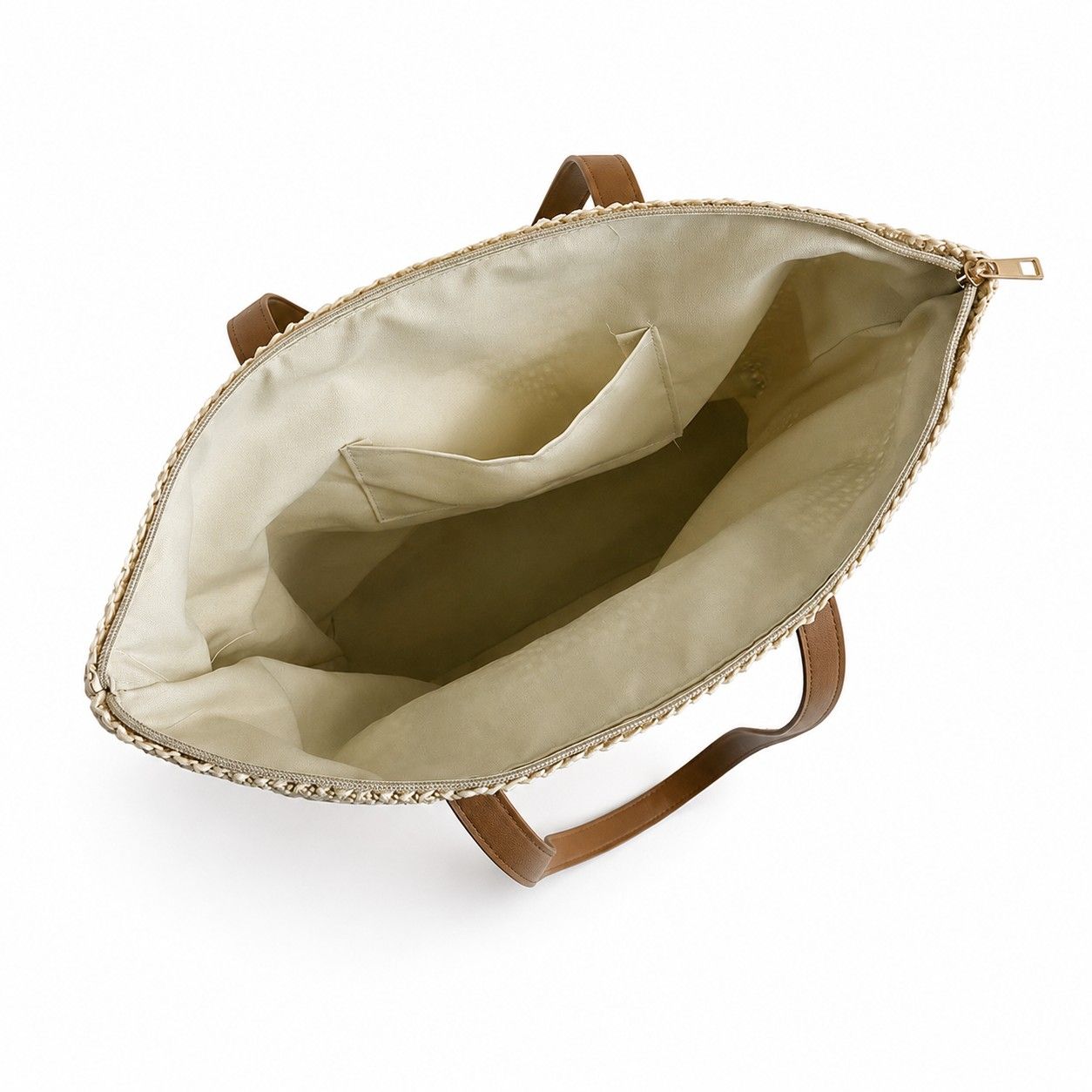 Striped Woven Tote Bag with Zip Closure Shoulder Handles and Interior Pocket