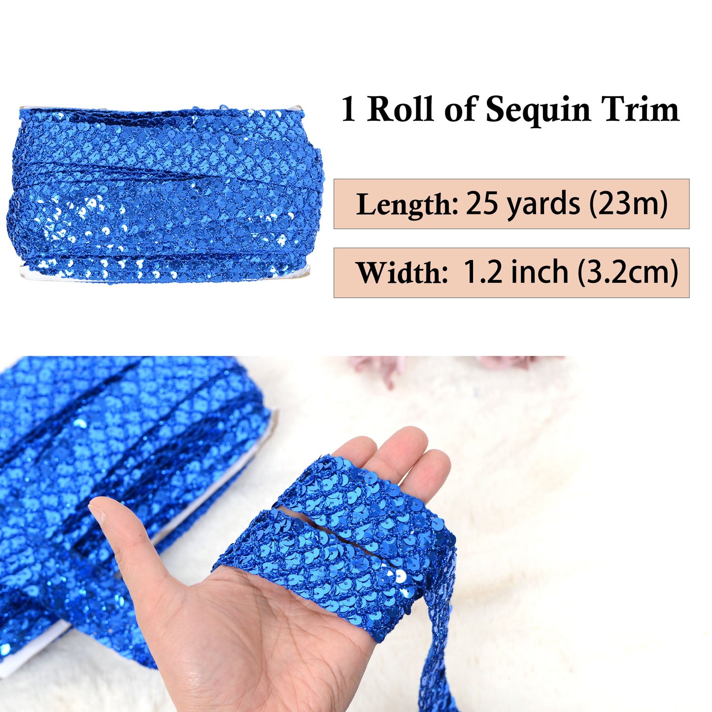 Sewing Sequin Trim 1.2 Inch 6 Row, 25 Yards Glitter Sequin Strip Ribbon Metallic Stretch Bling Fabric DIY Craft Decoration