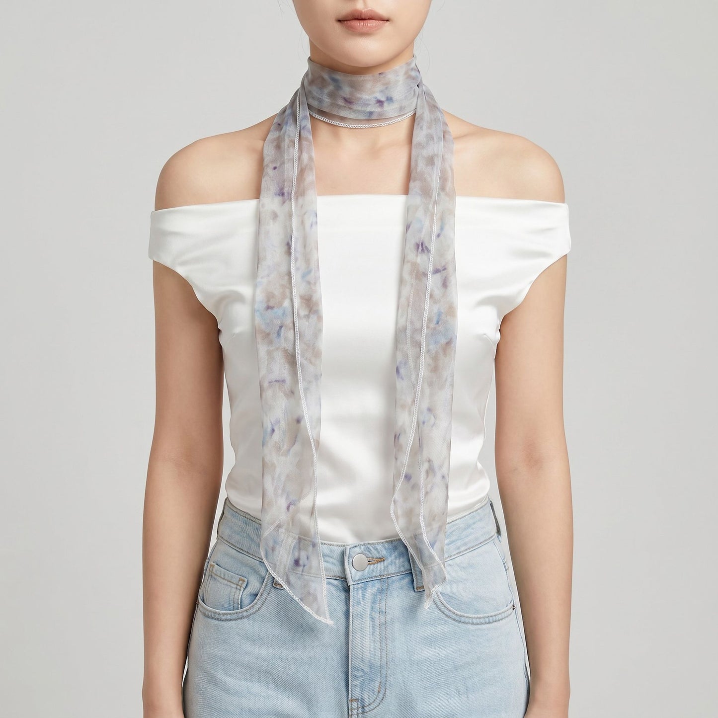 Lightweight Sheer Skinny Scarf with Marble Print and Finished Edge Detail