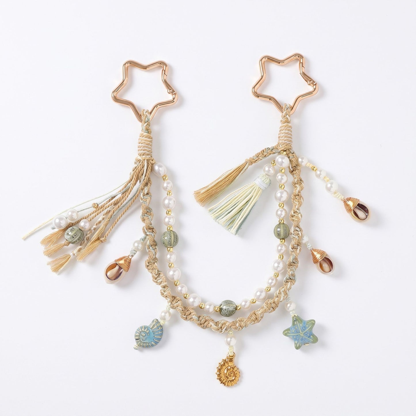 Coastal Bag Charm with Star Clips Pearl Look Beads Braided Cord and Tassels