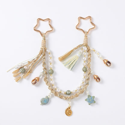 Coastal Bag Charm with Star Clips Pearl Look Beads Braided Cord and Tassels