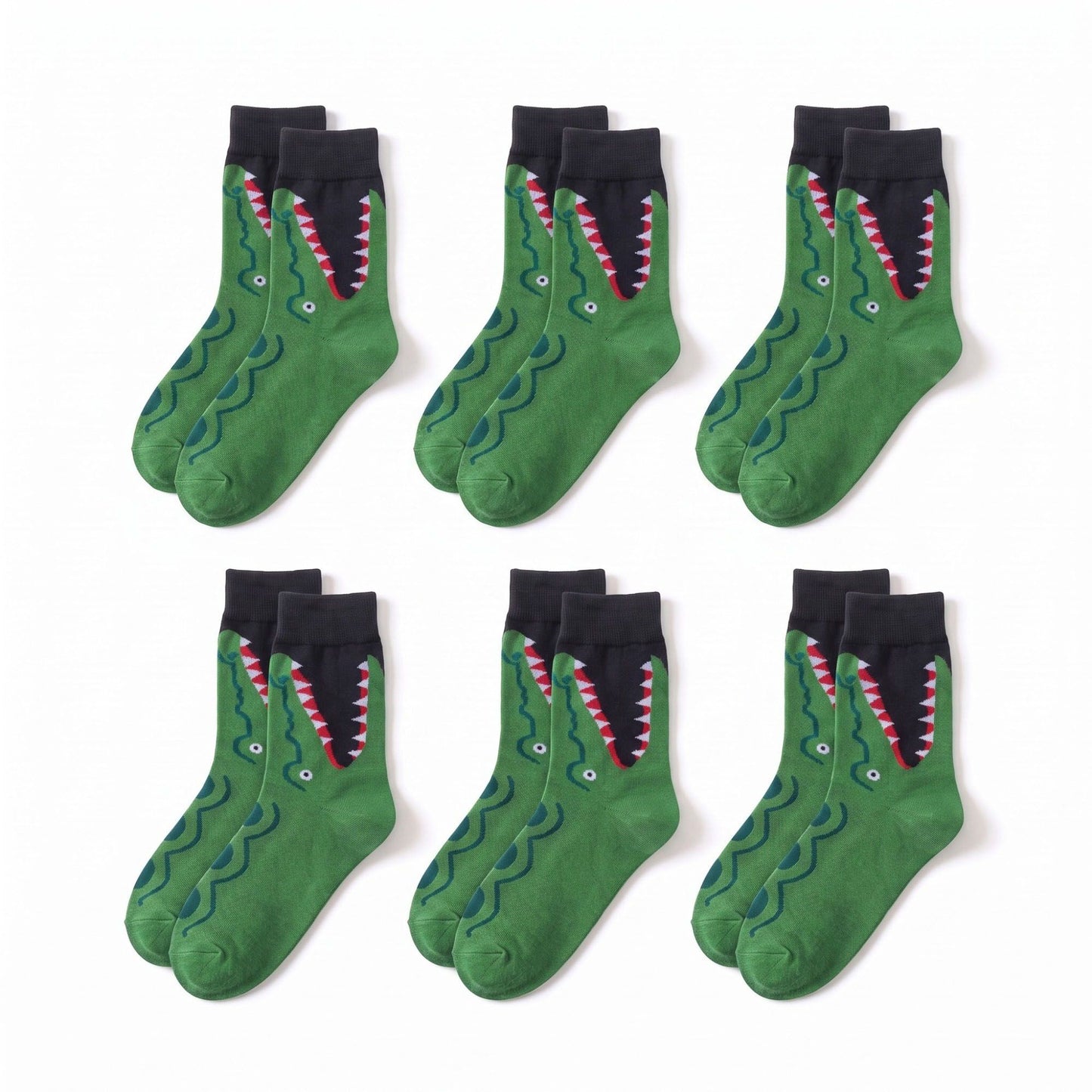 6 Pair Shark Graphic Crew Socks with Contrast Red Cuffs