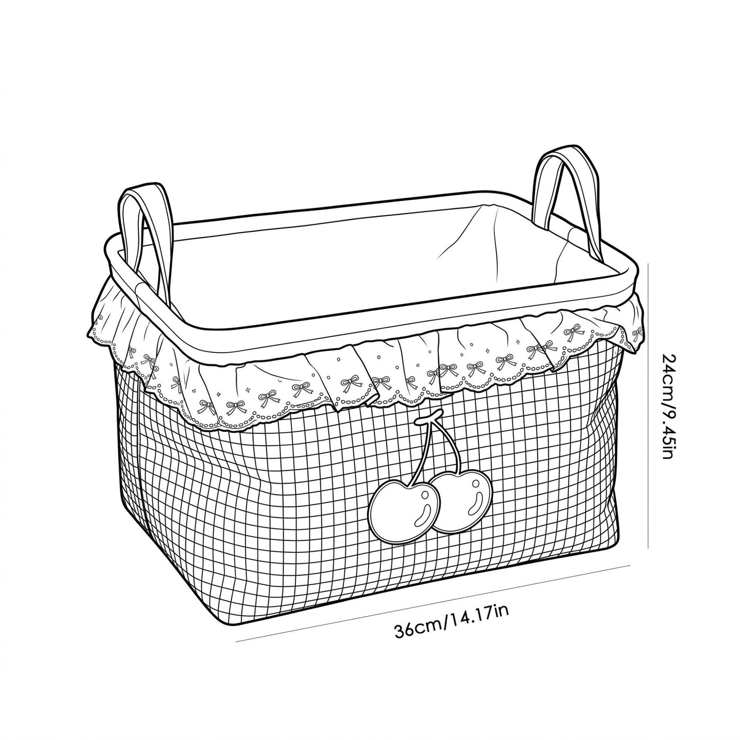 Cherry Embroidered Gingham Rectangular Storage Bin with Lace Ruffle & Handles
